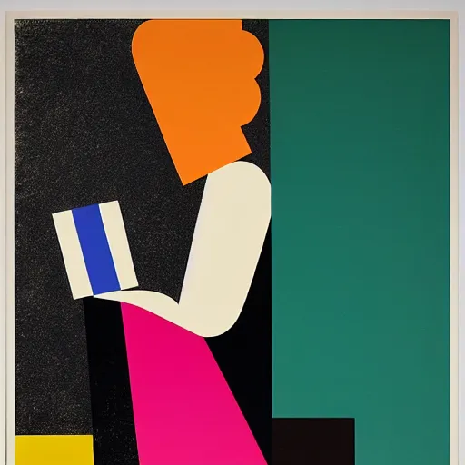 Image similar to portrait of a person playing guitar, abstract painting in the style of Sophie Taeuber-Arp and Gary Hume and Tatsuro Kiuchi, flat colour-block style, geometric abstraction, dark colours