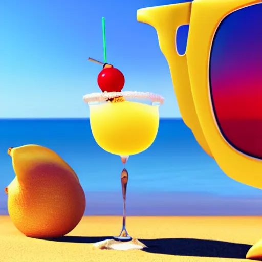 Prompt: Pixar render of a lemon drinking a cocktail wearing sunglasses at the beach, 4K, high octane