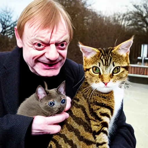 Image similar to laughing mark e smith with a cute kitty on his head