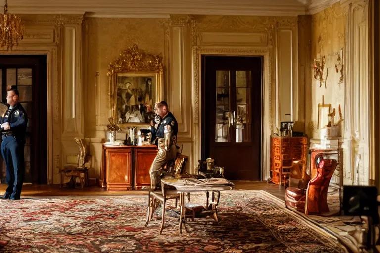 Prompt: cinematography portrait of a cop talking to his radio in an decadent mansion foyer by Emmanuel Lubezki