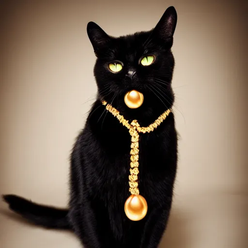 Prompt: Magestic Black cat wearing gold Jewlery, award winning photo, dramatic lighting