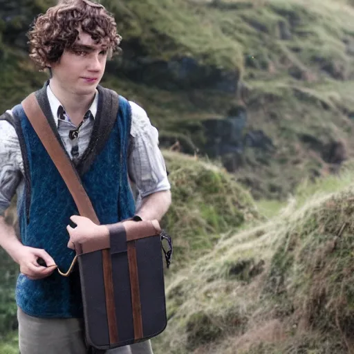 Image similar to british lad with short curly dark brown hair as a hobbit wearing a white men's crossbody sling chest bag and blue vest