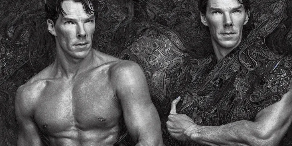 Prompt: benedict cumberbatch as gigachad, masculine, mature, handsome, upper body, grey and silver, muscular, hairy torso, fantasy, intricate, muscular, elegant, highly detailed, digital painting, artstation, concept art, smooth, sharp focus, illustration, art by gaston bussiere and alphonse mucha, black and white