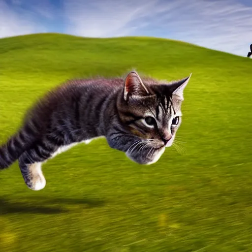 Image similar to giant kitten chasing a man through a field, photo, detailed, 4k