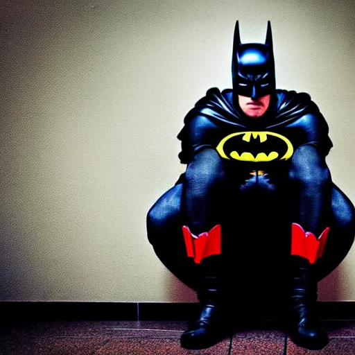 Image similar to close shot photo of batman sitting on a toilet, dirty tiles in the wall, tight room, dramatic lights, dark colours