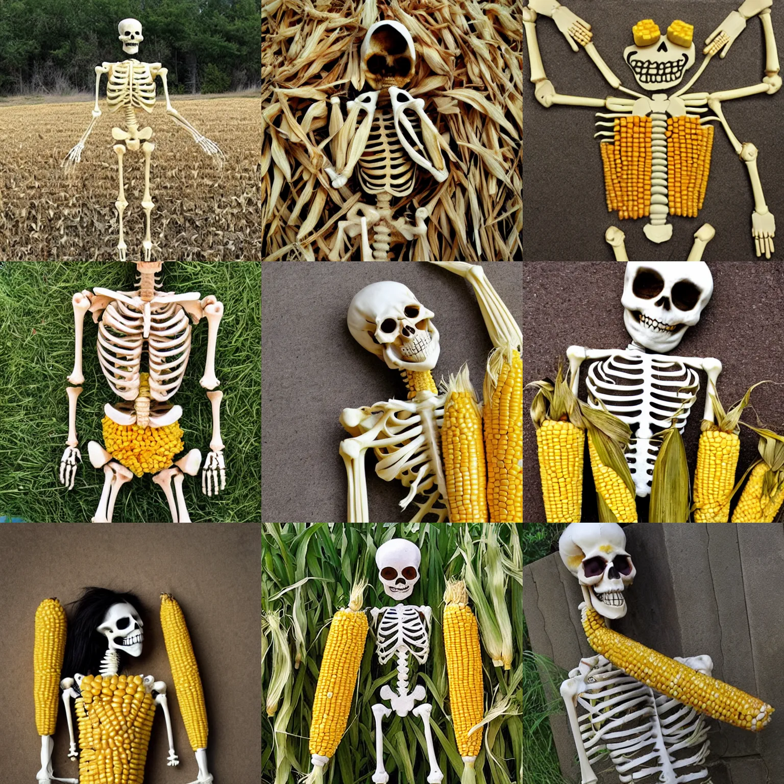 Prompt: skeleton made out of corn