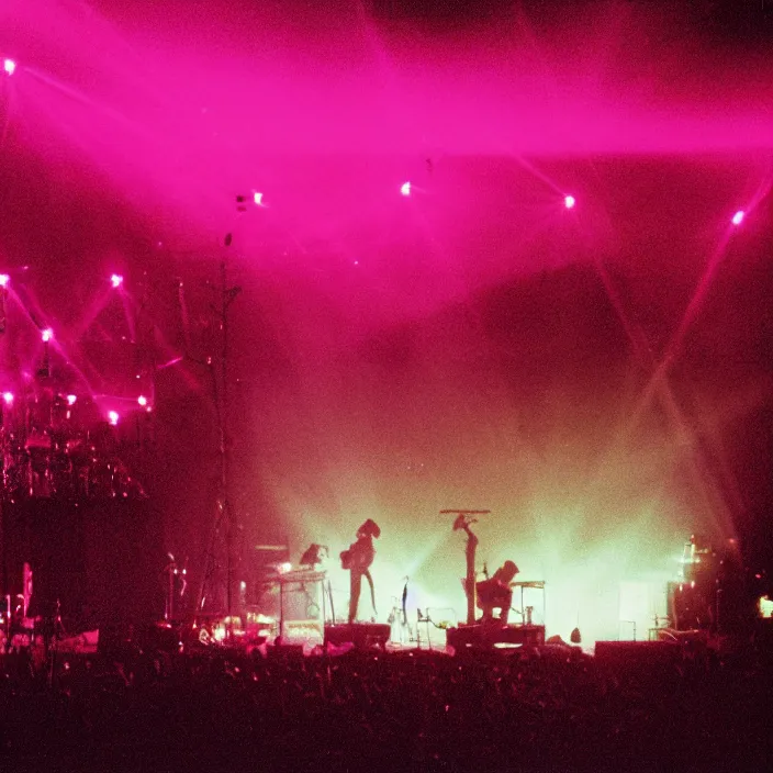 Prompt: concert stage, smoke machine, neon pink light, light beams, synthesizers and other instruments, dark silhouettes of band, seen from afar, 1 9 9 0 s album cover, grainy