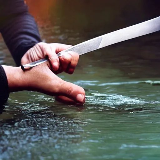 Image similar to still photograph of a hand holding a sword, appearing out of water