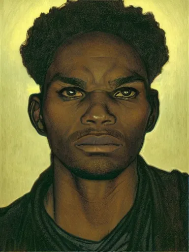 Prompt: portrait of a modern (black) man wearing a dark shirt, upper body 2d game avatar, Donato Giancola, Kodak film stock, chiaroscuro lighting, stylized bold outline, default pose neutral expression, face-on head shot, close-up, eye-contact, sharp focus, shape language, Alphonse Mucha/Gustav Klimt style, alpha masked transparent flat background, 4k, volumetric lighting, French Nouveau, trending on artstation, octane render, expressionist vivid fresh color palette, ultra detailed, hyperrealistic