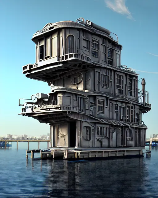 Image similar to a beautiful ultradetailed highly detailed city industrial architecture unfinished building houseboat by georgia o'keeffe, morning sun futuristic otherworldly sea dieselpunk, archdaily, wallpaper, highly detailed, trending on artstation.