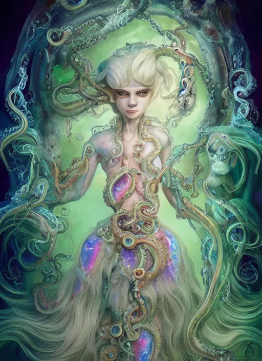 Image similar to A full body shot of a cute and mischievious monster girl wearing an ornate ball gown made of opals and tentacles. Fancy Dress under the sea. Subsurface Scattering. Translucent Skin. Rainbow palette. defined facial features, symmetrical facial features. Opalescent surface. beautiful lighting. By Giger and Ruan Jia and Artgerm and WLOP and William-Adolphe Bouguereau. Photo real. Hyper-real. Photorealism. Fantasy Illustration. Sailor Moon hair. Masterpiece. trending on artstation, featured on pixiv, award winning, cinematic composition, dramatic pose, sharp, details, Hyper-detailed, HD, HDR, 4K, 8K.