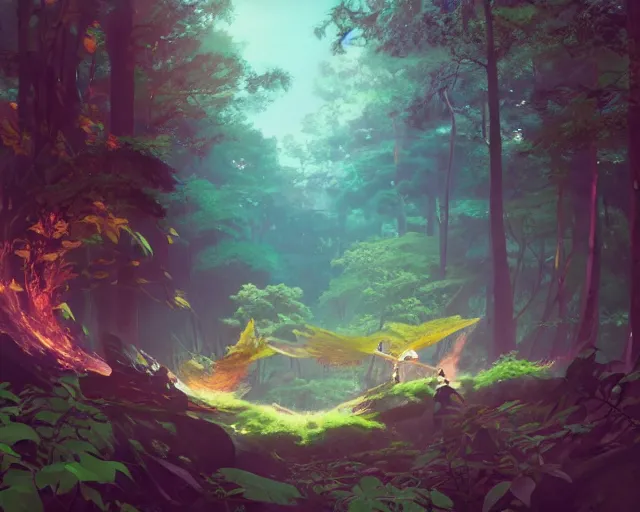 Prompt: one single phoenix with two wings flying though a forest, wide, trees, streams, matte painting, digital illustration, very vibrant colors, soft lighting, adventurous, atmospheric lighting, 8K, octane render. By Makoto Shinkai, Stanley Artgerm Lau, WLOP, Rossdraws, James Jean, Andrei Riabovitchev, Marc Simonetti, krenz cushart, Sakimichan, D&D trending on ArtStation, digital art.