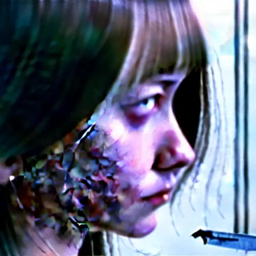 Prompt: 1971 still from a film of a portrait of a morbid 18 year old young woman wearing a dress of the soft aesthetic with wavy long hair, queen of sharp razorblades holds a single small sharp blade or a razor her hand and shows it to the user, by Range Murata, Katsuhiro Otomo, Yoshitaka Amano.