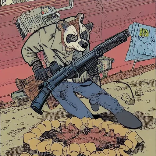 Image similar to a racoon shooting a machine gun by geof darrow, detailed, realistic shading