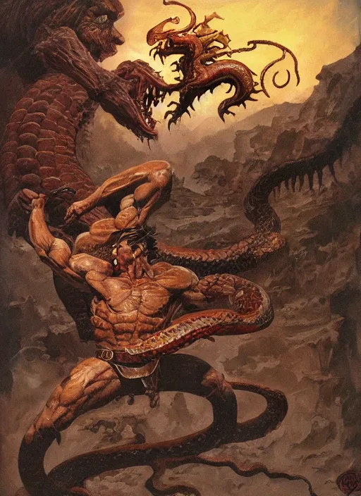 Image similar to a highly detailed symmetrical painting of conan fighting a mythical snake creature, dynamic lighting, ambient lighting, deviantart, art by frank frazetta and glenn fabry