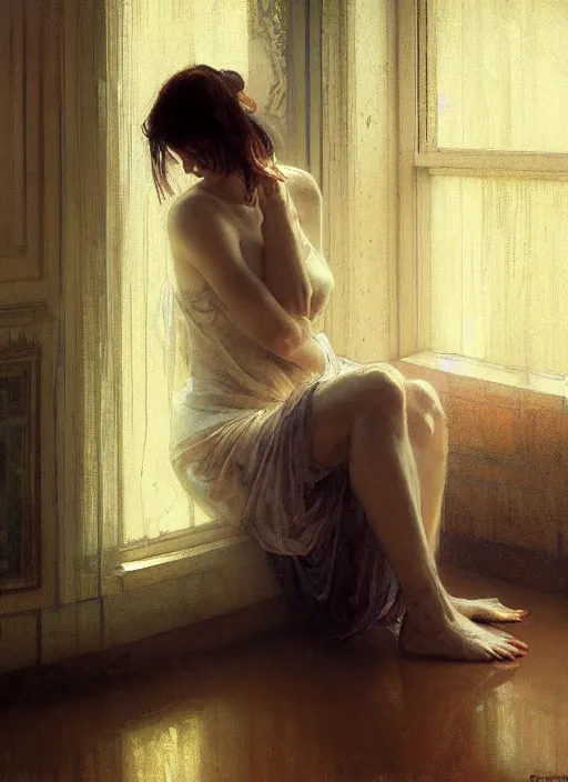 Image similar to a portrait of beautiful woman sitting on the floor, inside an old apartment, detailed oil painting, misty, ethereal, soft lighting, by craig mullins and alphonse mucha and jeremy mann