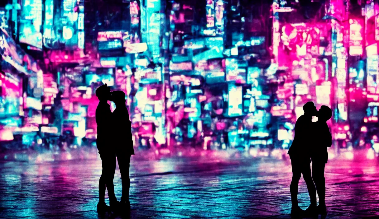 Image similar to two silhouettes kissing in front of a cyberpunk city, neon lights, bokeh, close up, award wining photograph, movie still,