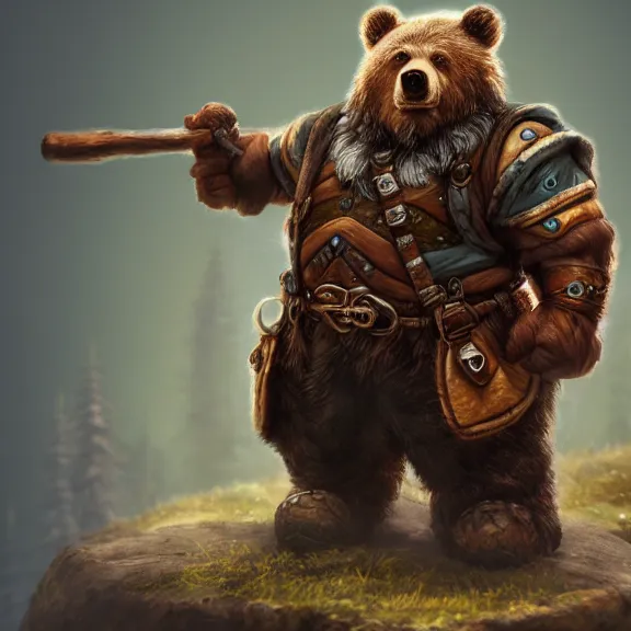 Prompt: Dwarf Woodsman riding Bear Companion, RPG Portrait Full Body, Oil Painting, Trending on Artstation, octane render, Insanely Detailed, 8k, HD