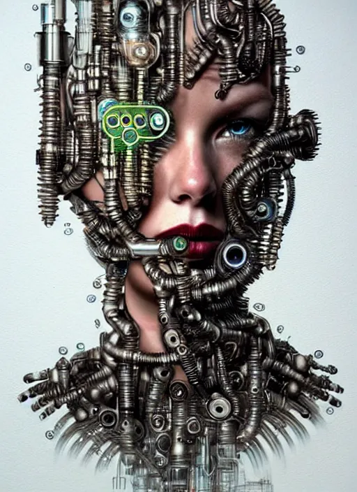 Image similar to biopunk cyborg portrait by julie bell, intricate biopunk patterns, vacuum tubes, detailed!, very sharp!!!