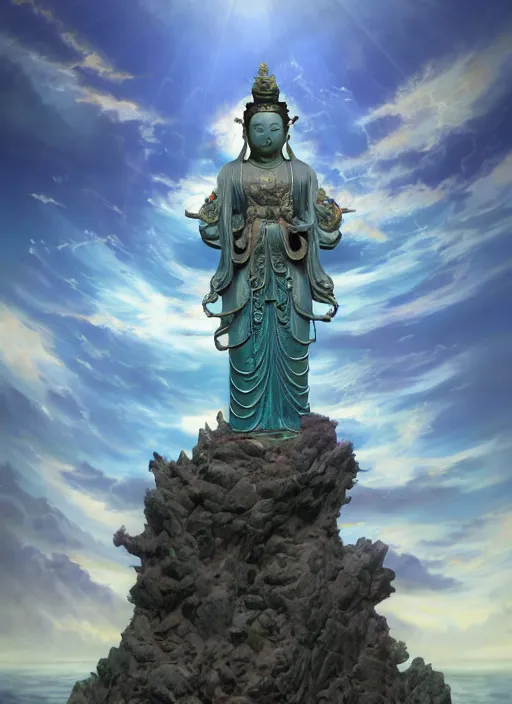 Image similar to guanyin stand on big loutus, a godness of the southern seas, a realistic setting with muted colors, visual novel cover, by yoshitaka amano, zeng fanzhi, jane hamilton, tiffany studios, sunrays shine uponit, frostbite 3 engine, cryengine, dof, trending on artstation, digital art, fantasy detailed background