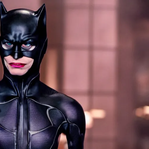 Prompt: film still of williem dafoe as catwoman in the new batman movie, 4 k