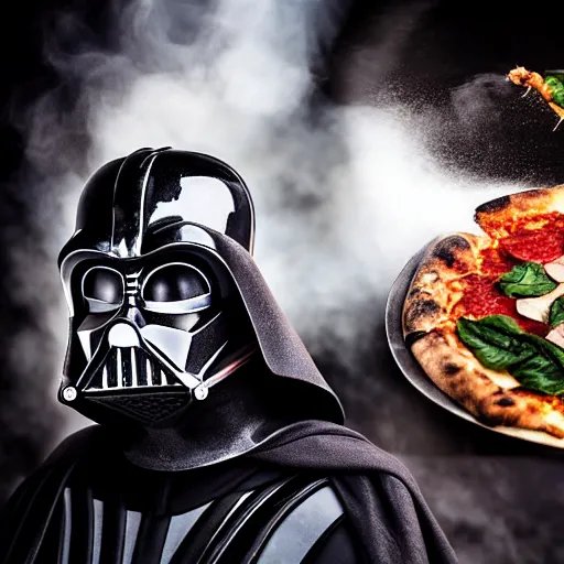 Image similar to trump making a pizza, modeling as darth vader in star wars, ( eos 5 ds r, iso 1 0 0, f / 8, 1 / 1 2 5, 8 4 mm, postprocessed, crisp face, facial features )