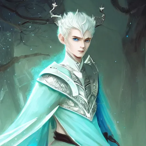 Image similar to handsome male snow elf in a turquoise cape and silver ornate armour as an archer, albino skin, pale pointed ears, ethereal opalescent mist, winter vibes, perfect face, elegant, very coherent symmetrical artwork, by wenjun lin, krenz cushart, charlie bowater, trending on artstation