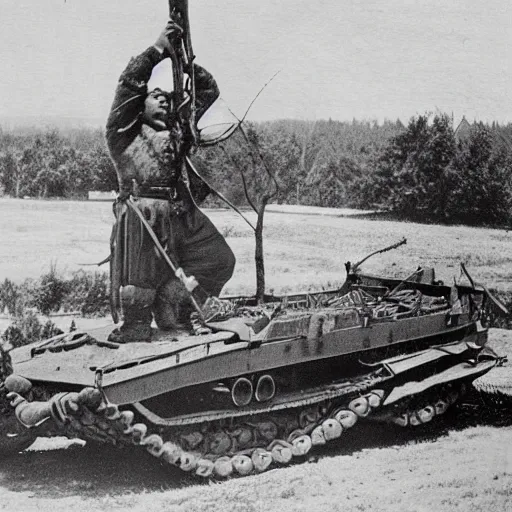 Prompt: a picture of a enormous bear pulling a towed artillery piece behind him, towed artillery piece is tied to the enormous bear, eastern front, historical picture