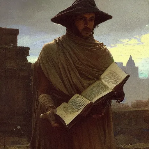 Image similar to half portait of magican wearing a closed cowl with big old book!, jeremy mann, jean leon gerome, tiepolo, alphonse mucha, greg rutkowski, ( ( ruins of ancient rome ) ), at dusk, mysterious atmosphere, sunrays, dof, masterpiece, high detailed, 8 k