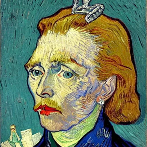 Image similar to vincent van gogh portrait of hillary clinton's head, wearing pearl necklace and a diamond tiara