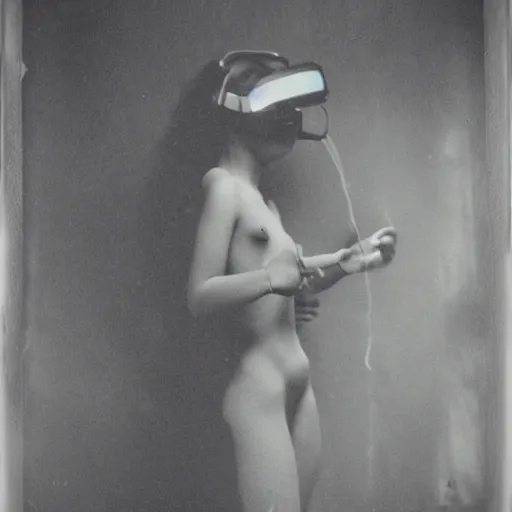 Image similar to an ancient demon-girl using a VR headset, mist , 1910 Polaroid photo, Black and white