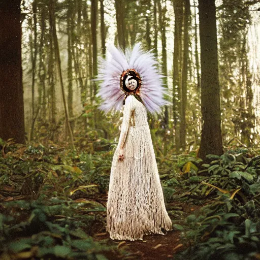 Image similar to woman in a headdress made of wire and scales stands in a magical forest, cinematic, Kodak Portra 800 film