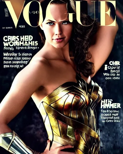 Image similar to Chris Hemsworth with Wonder Woman clothes, Vogue cover photo, realistic face, detailed face, highly detailed, professional photo