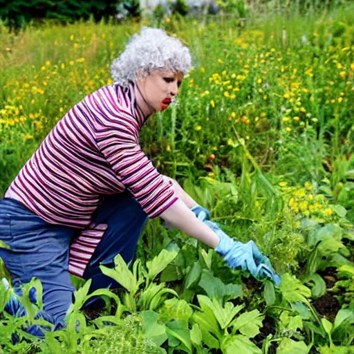 Prompt: a pixar character, a beautiful and mad canadian woman, on her knees, pulling weeds out frantically, some grey hair, stripey pants,