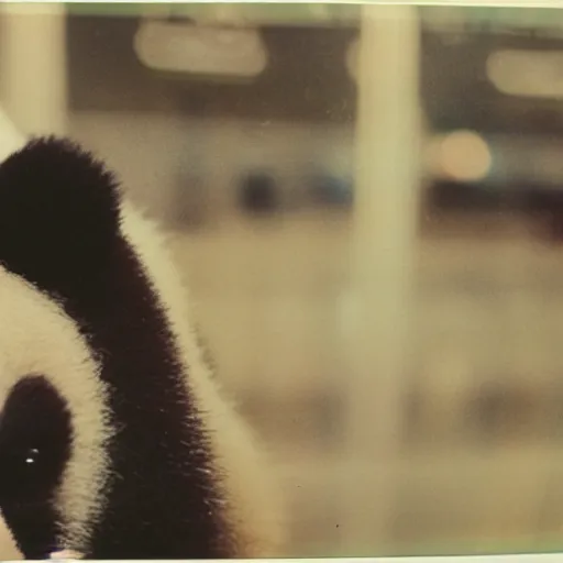 Image similar to grainy head to shoulder portrait polaroid film photograph of a panda in a mall wearing aviator shades. super resolution. surreal. extremely detailed. polaroid 6 0 0 film. by annie leibovitz and richard avedon