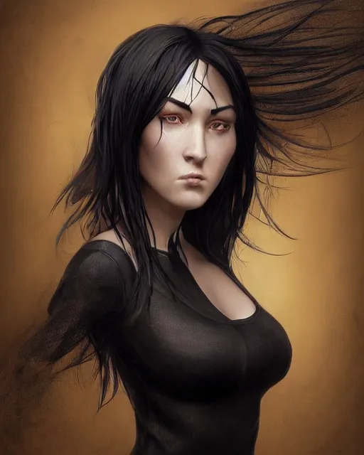 Prompt: portrait of a tall 4 0 - year - old woman with thin lips, heavy - lidded eyes, a strong jaw and long, thick shining black hair, thick eyebrows and long eyelashes, wearing in black clothes, hyper realistic face, beautiful eyes, character art, art by mark brooks, hyperdetailed, cryengine, trending on artstation, digital art