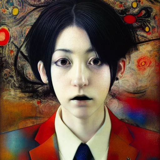 Image similar to yoshitaka amano blurred and dreamy realistic three quarter angle portrait of a young woman with short hair and black eyes wearing office suit with tie, junji ito abstract patterns in the background, satoshi kon anime, noisy film grain effect, highly detailed, renaissance oil painting, weird portrait angle, blurred lost edges