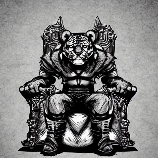 Image similar to anthropomorphic tiger warlord sit on his throne in the style of Akira Toriyama, digital art, detailed, stylized, full body portrait