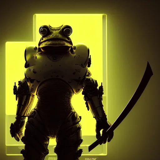 Image similar to wide shot, photo of a toad head, a huge humanoid toad-man with a katana, in a heavy futuristic armour without a helmet, hyper realistic, hyper detailed, coherent photo, trending on artstation, cyberpunk, Japanese style, volumetric lightning, neon, electric colours, Cinematic, Dramatic, Film Grain, Kodak Portra, Depth of Field, 15 mm octane render, 4k, raytracing, blender