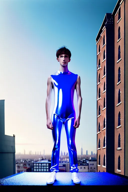 Image similar to un ultra high definition studio quality photographic art portrait of a young man standing on the rooftop of a british apartment building wearing soft baggy inflatable padded silver iridescent pearlescent clothing. three point light. extremely detailed. golden ratio, ray tracing, volumetric light, shallow depth of field. set dressed.