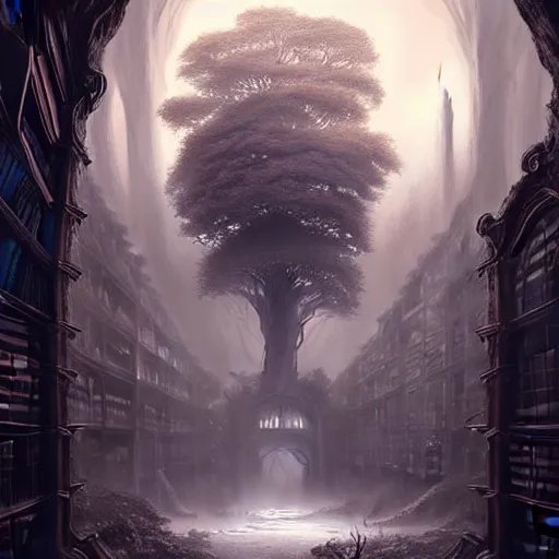 Prompt: a beautiful giant tree growing in the middle of an ancient Victorian library indoors. a door is embedded in a tree. tree in a library. fantasy digital art, fantasy style art, fantasy hearthstone art style, fantasy game art by greg rutkowski, darksouls concept art