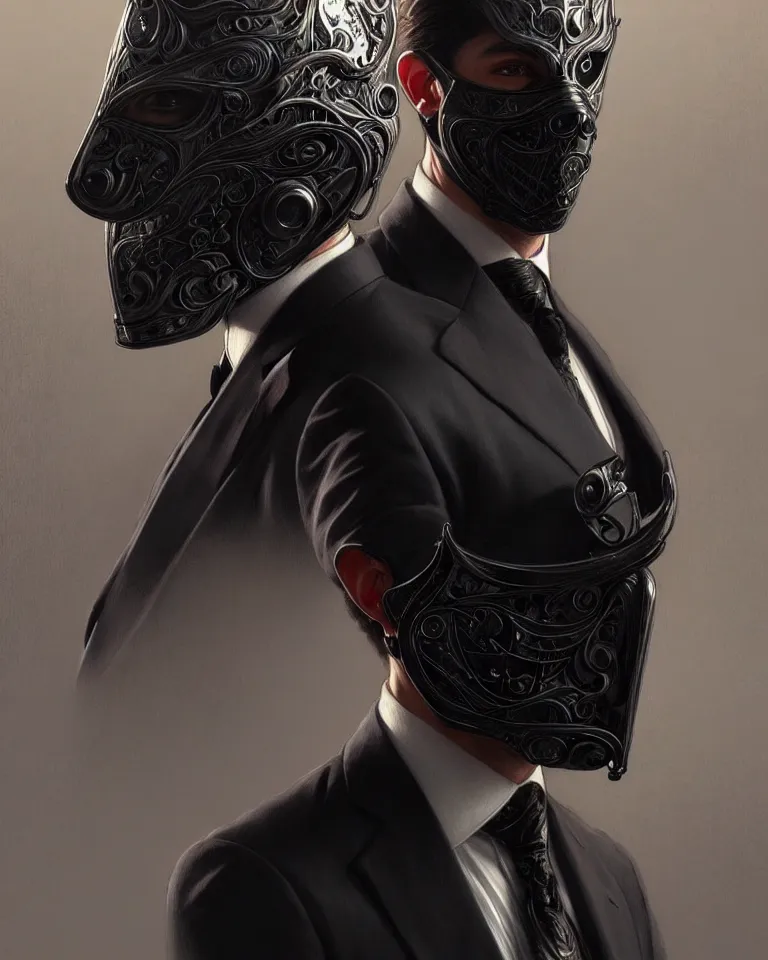 Image similar to ultra realistic illustration, a male with black mask, suit and tie, intricate, elegant, highly detailed, digital painting, artstation, concept art, smooth, sharp focus, illustration, art by artgerm and greg rutkowski and alphonse mucha