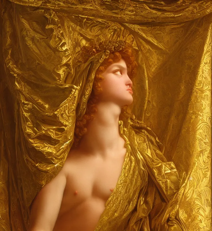 Image similar to a beautifully high detail, intricate, clear detailed portrait of a close up deptic of zeus with an ornate golden teal curtain at beautiful sunset daytime nature sunlit painting by frederic leighton and rosetti, 8 k, octane render