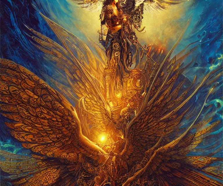 Image similar to a beautiful tarot card artwork of a cyberpunk seraphim in nature, backlit, highly detailed, golden hour, digital painting, by karol bak and justin gerard and dan mumford and artgerm, vivid colors, masterpiece, detailed shading, 8 k resolution, intricate, smooth