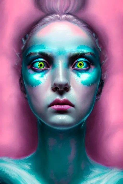 Prompt: hyperrealistic very detailed rococo portrait of woman with iridescent eyes and pink mouth matte painting concept art Noah Bradley very dramatic dark teal lighting wide angle hd 35mm shallow depth of field 8k