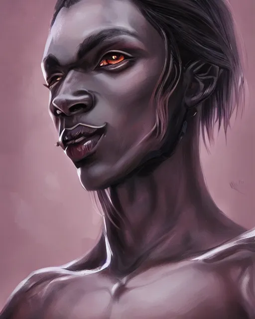 Prompt: portrait of a feminine male dark elf, ebony skin, long hair, fantasy, feminine, elegant, intricate, highly detailed, digital painting, artstation, concept art, sharp focus, illustration