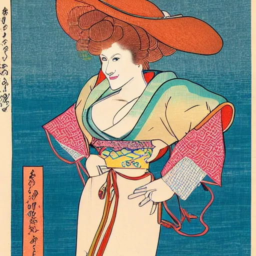 Image similar to very detailed and colorful portrait of bernadette peters smiling, painted in the ukiyo - e style