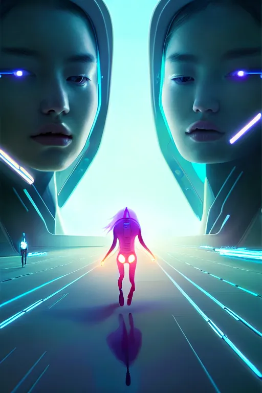 Image similar to profil android women running, scifi, futuristic design, bae suzy, long white hair, character design, cinematic lighting, highly detailed, by beeple, goro fujita, smooth gradient.