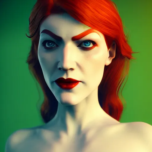 Prompt: redhead woman, art nouveau, villian, green, HD, Unreal Engine, 8K, Octane