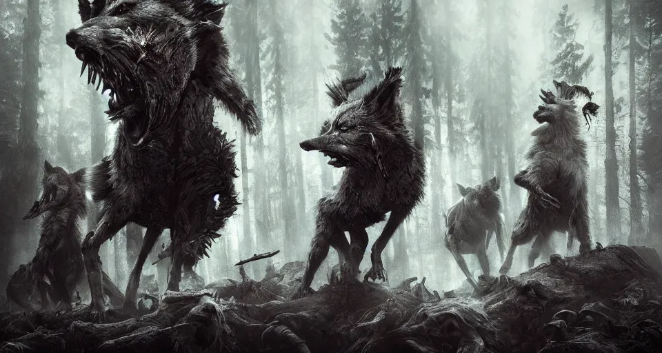 Image similar to an epic action concept masterpiece of a rabid wolfpack, in a forest made of nightmares, horrific digital art, extremely moody lighting, style of igor kieryluk